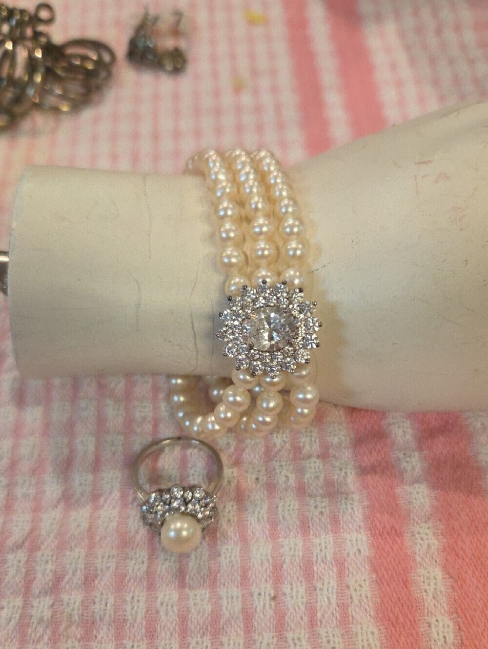 Luxury Sterling Silver Pearl & CZ Bracelet & Ring Set Ring Sz 7.